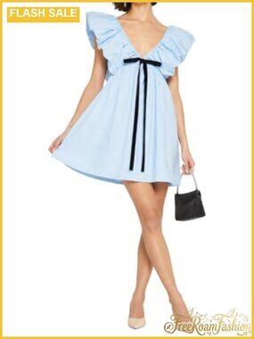 Floral Bow V Neck Babydoll Mini Dress Puffy Sleeve A-Line Loose Flowy